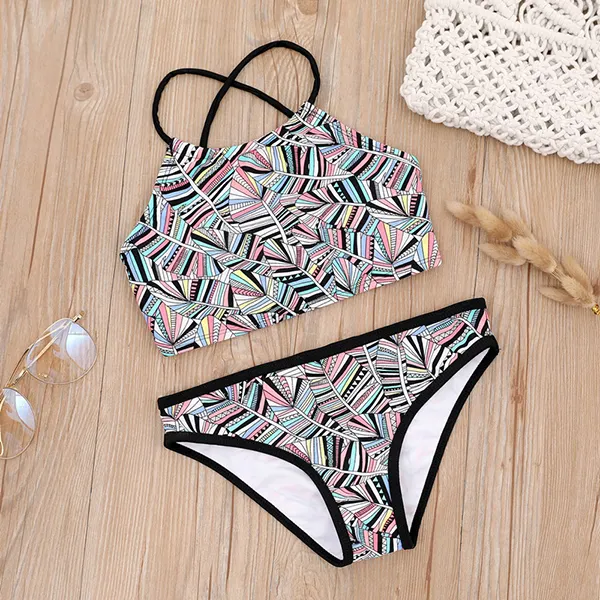 【2Y-9Y】Girls Printed Lace Split Swimsuit - Popopiestyle.com 