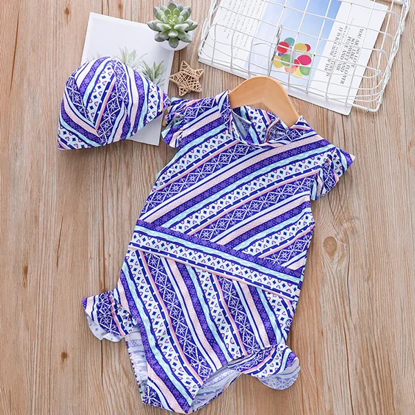 【18M-7Y】Girls Flying Sleeve Geometric Print One-piece Swimsuit - Popopiestyle.com 