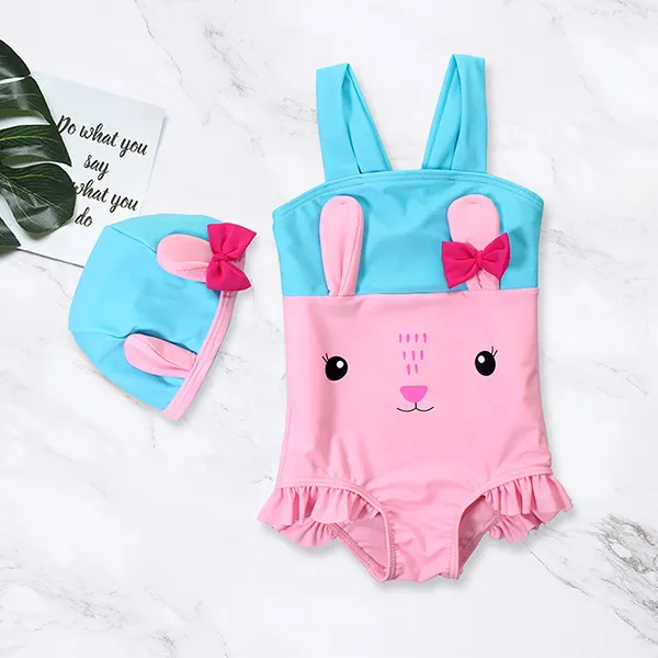 【6M-4Y】Girls Cute Fresh One-piece Swimsuit with Swimming Cap - Popopiestyle.com 