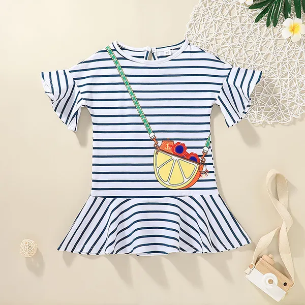 【12M-5Y】Girls Round Neck Print Striped Dress - Popopiestyle.com 