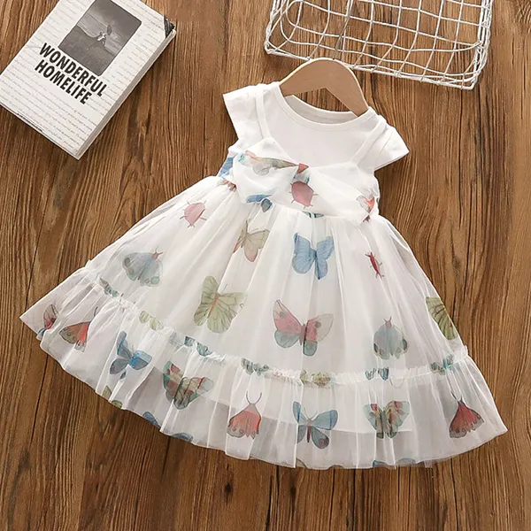 【18M-7Y】Girls Round Neck Short-sleeved Butterfly Print Dress - Popopiestyle.com 