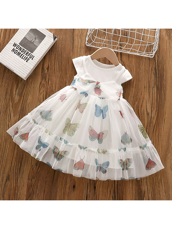 【18M-7Y】Girls Round Neck Short-sleeved Butterfly Print Dress