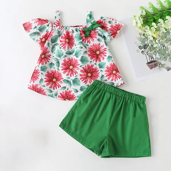 【18M-7Y】Girls Short-sleeved Printed Top and Shorts Two-piece Suit - Popopiestyle.com 