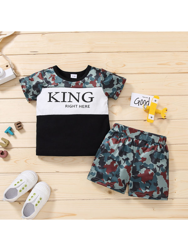 【12M-4Y】Boys Contrast Color Stitching Short-sleeved T-shirt Shorts Two-piece Suit