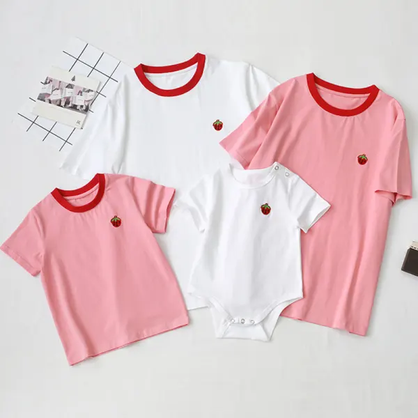 Casual Strawberry Embroidery Short Sleeve Family Matching Outfits - Popopiestyle.com 