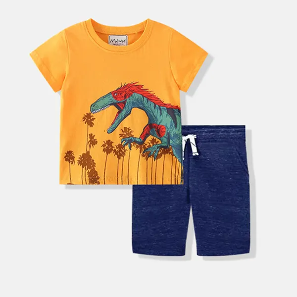 【18M-9Y】Boy's Dinosaur Print Short Sleeve T Blood Shorts Two-piece Suit - Popopiestyle.com 