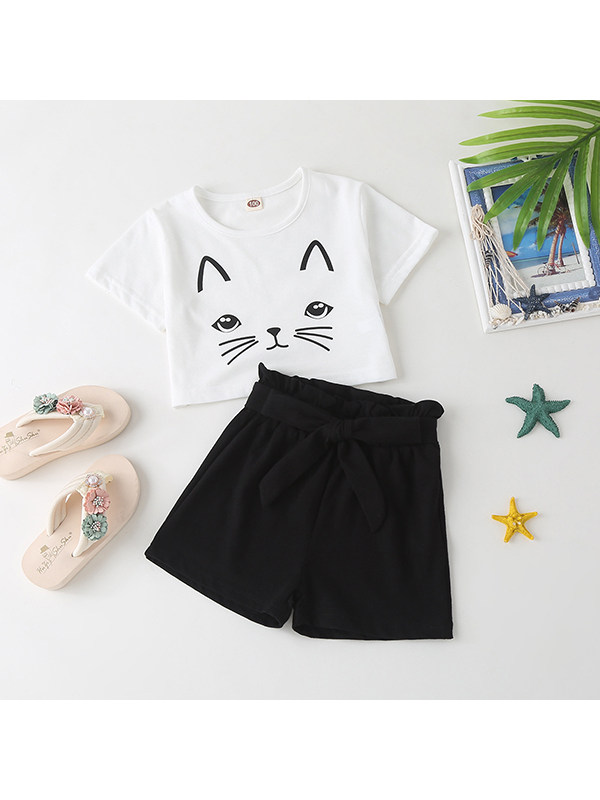 【18M-7Y】Girls Round Neck Short Sleeve Cartoon Printed Top with Shorts Set