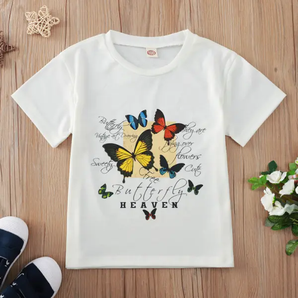 【18M-7Y】Sweet Butterfly Print Round Neck Short Sleeve White T-shirt - Popopiestyle.com 