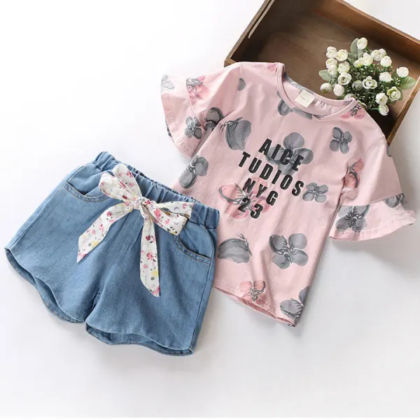 【3Y-13Y】Cute Butterfly Print T-shirt And Denim Shorts Set - Popopiestyle.com 