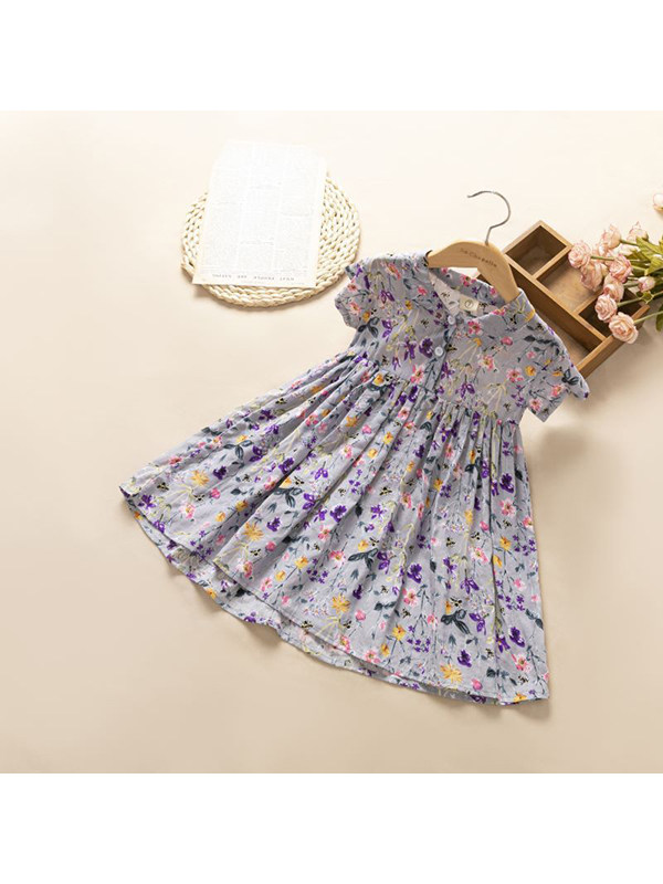 【18M-7Y】Girls Lapel Short Sleeve Floral Dress
