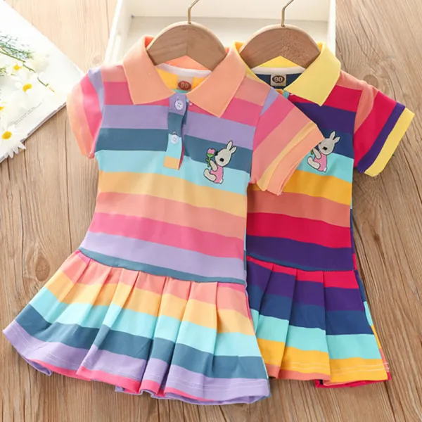 【18M-7Y】Girls Sweet Rabbit Embroidered Color Striped Lapel Short Sleeve Dress - Popopiearab.com 