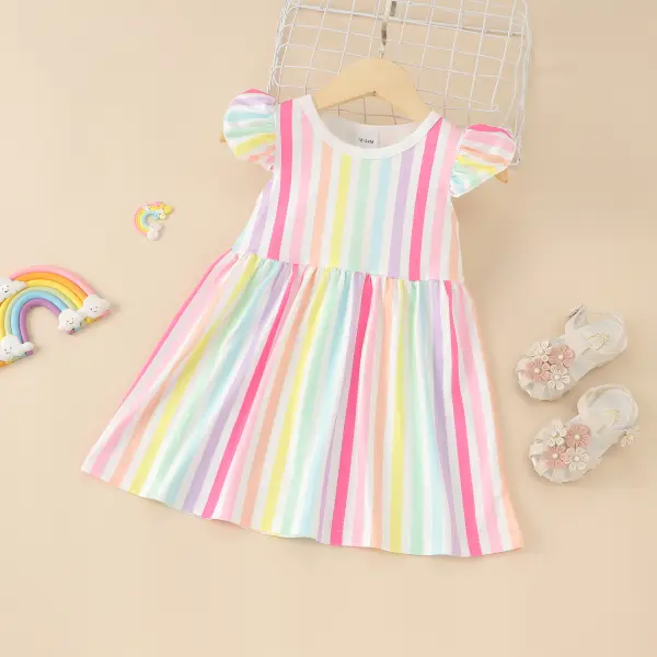 【12M-5Y】Girls Summer Flying Sleeve Rainbow Striped Dress - Popopiestyle.com 