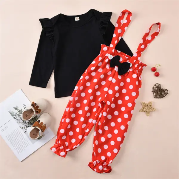 【12M-5Y】Girls Polka Dot Bib Pants Solid Color Flying Sleeve Long Sleeve T-Shirt Set - Popopiestyle.com 