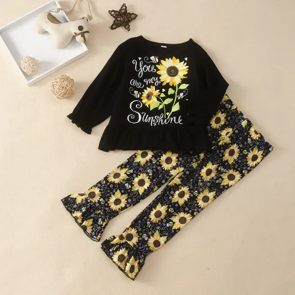 Little Girl Letter Sunflower Print T-shirt And Pants Suit - Popopiestyle.com 