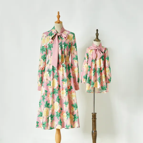Tie Bowknot Long Sleeve Floral Print Mom Girl Matching Dress - Popopiearab.com 
