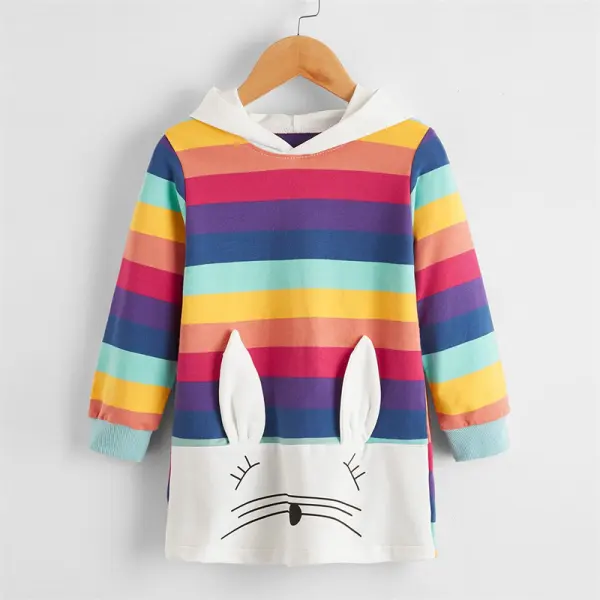 【18M-7Y】Girls Rainbow Striped Rabbit Hooded Sweater Dress - Popopiearab.com 