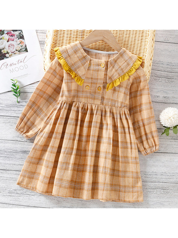 【18M-7Y】Girl Sweet Yellow Plaid Long Sleeve Dress