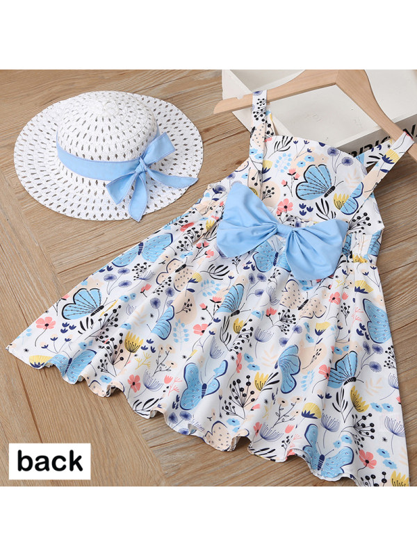 【18M-7Y】Girl Sweet Butterfly Print Bowknot Dress With Hat