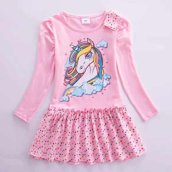 【3Y-8Y】Girl Sweet Unicorn Pattern Long Sleeve Dress - Popopiearab.com 