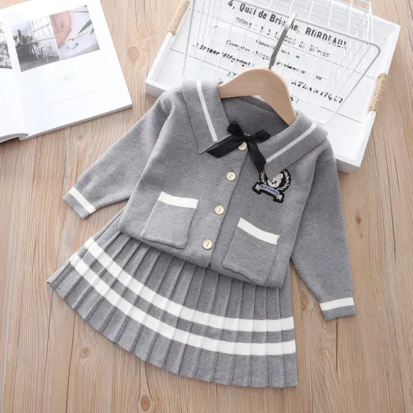 【18M-7Y】Girl Bear Embroidery Long-sleeved Cardigan Pleated Skirt Two-piece Suit - Popopiearab.com 
