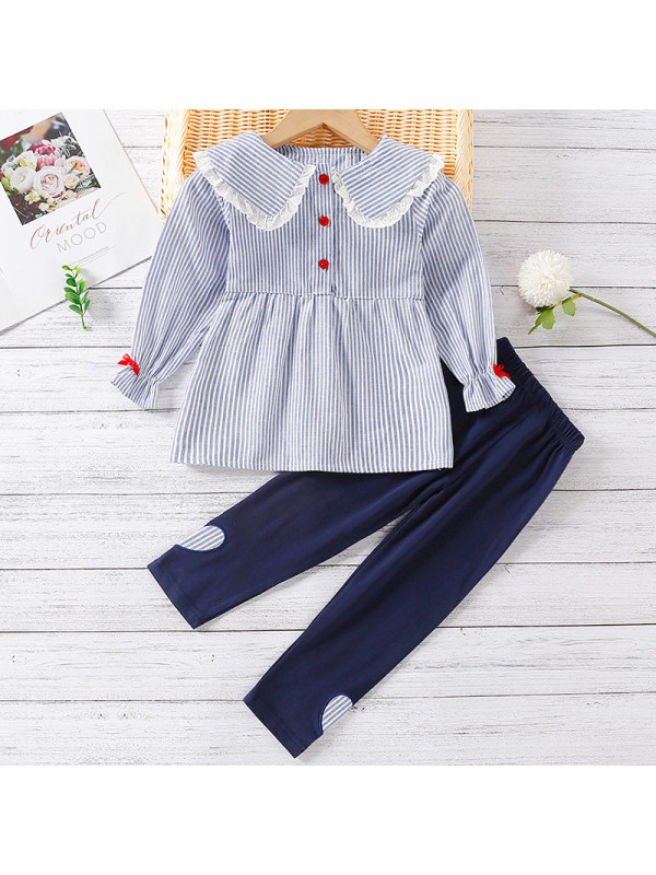 【12M-5Y】Girl Sweet Blue Striped Long Sleeve Shirt Pants Set