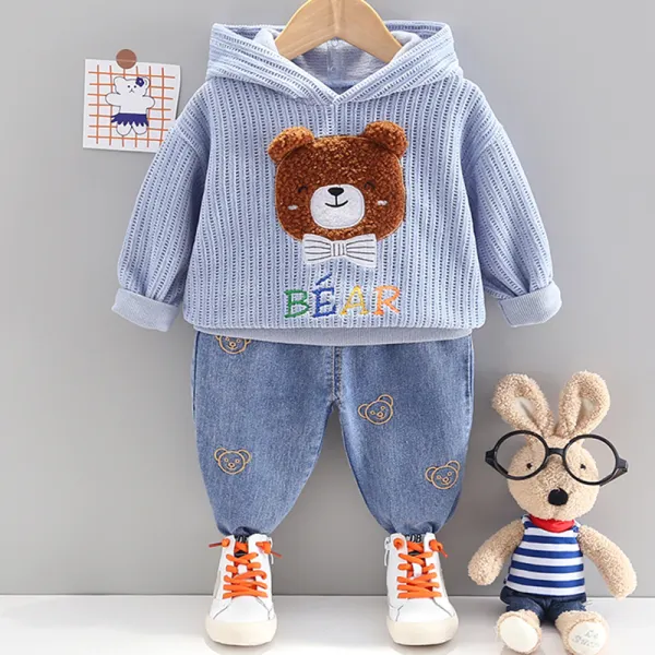 【12M-4Y】Boy Fashion Bear Pattern Hooded Sweatshirt Pants Set - Popopiearab.com 