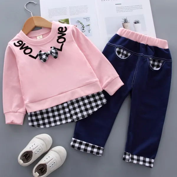 【12M-5Y】Kids Fashion Plaid Stitching Sweatshirt Pants Set - Popopiearab.com 