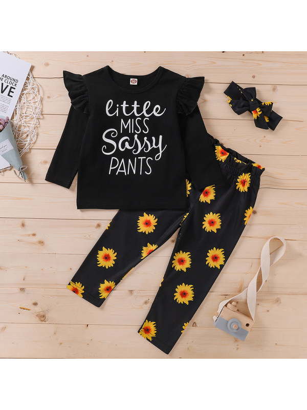 【18M-7Y】Girls Letter Print Top With Sunflower Pants Three-piece Suit