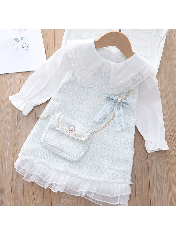 【18M-7Y】Girls Sweet Puff Sleeve Dollar Collar Splicing Dress With Package