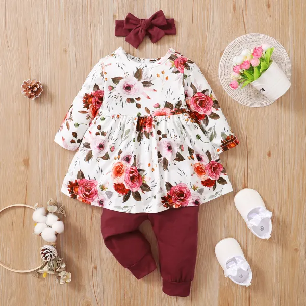 【3M-24M】 Baby Sweet Floral Print T-shirt and Red Pants Set - Popopiearab.com 