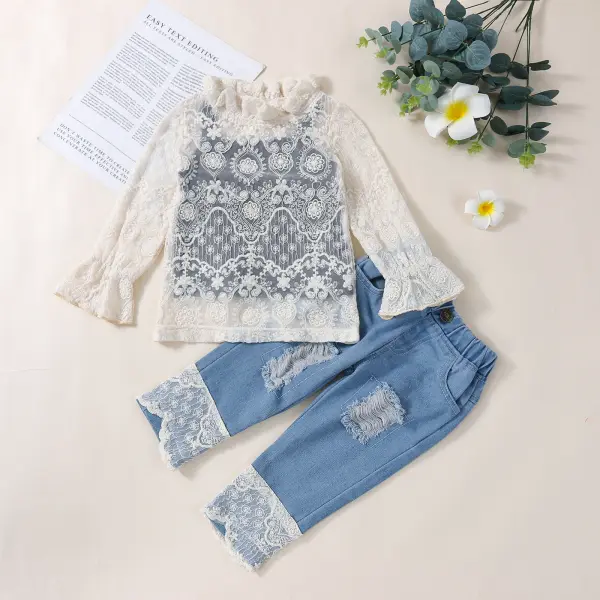 【12M-4Y】Girls Lace Long Sleeve Top Sling And Ripped Denim Pants Three-Piece Set - Popopiearab.com 