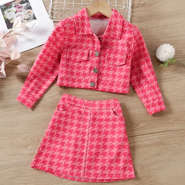 【18M-7Y】Girl Sweet Pink Houndstooth Pattern Jacket Skirt Set - Popopiearab.com 
