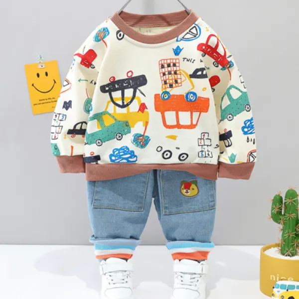 【12M-4Y】Boys Casual Car Pattern Sweatshirt Jeans Set - Popopiearab.com 