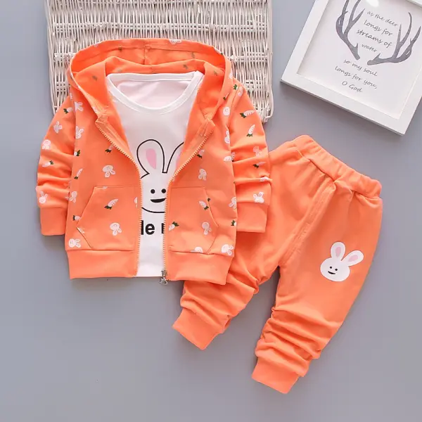 【12M-4Y】Girls 3-piece Rabbit Print Cotton Long Sleeve Tee And Pants Hoodie Coat Set - Popopiearab.com 