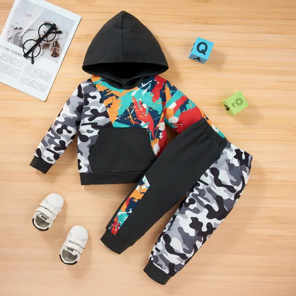【12M-5Y】Boys Camo Print Multicolor Splicing Hoodie Sweatshirt And Pants Set - Popopiearab.com 