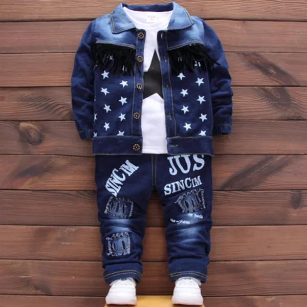 【12M-4Y】Boys Casual Denim Star Pattern Jacket T-shirt Pants Three-piece Set - Popopiearab.com 