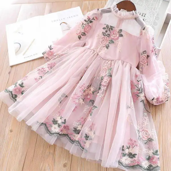 【2Y-11Y】 Girl Sweet Flower Embroidery Mesh Dress Dress - Popopiearab.com 