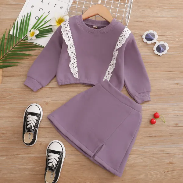 【18M-7Y】 Girls Sweet Lace Ribbon Purple Sweatshirt And Skirt Set - Popopiearab.com 