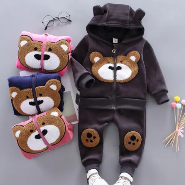 【12M-4Y】Kids Casual Bear Embroidered Hooded Jacket Pants Set - Popopiearab.com 