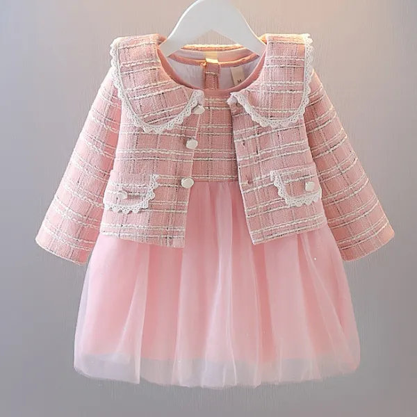 【6M-3Y】Girl's Sweet Mesh Dress And Plaid Cardigan Set - Popopiearab.com 