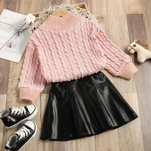 【18M-7Y】 Girls Sweet High Neckline Sweater And Black Leather Skirt Set Only د.أ16.99 - Popopiearab.com 