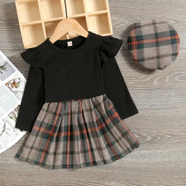 【18M-7Y】 Girls Sweet Solid Color Long Sleeve Top And Plaid Skirt Set With Hat - Popopiearab.com 