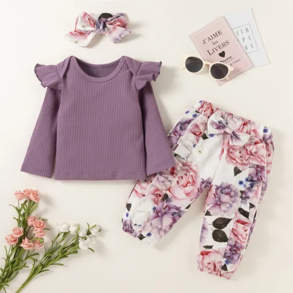 【6M-3Y】Girls Lace Long-sleeved Blouse Flower Print Trousers Suit - Popopiearab.com 