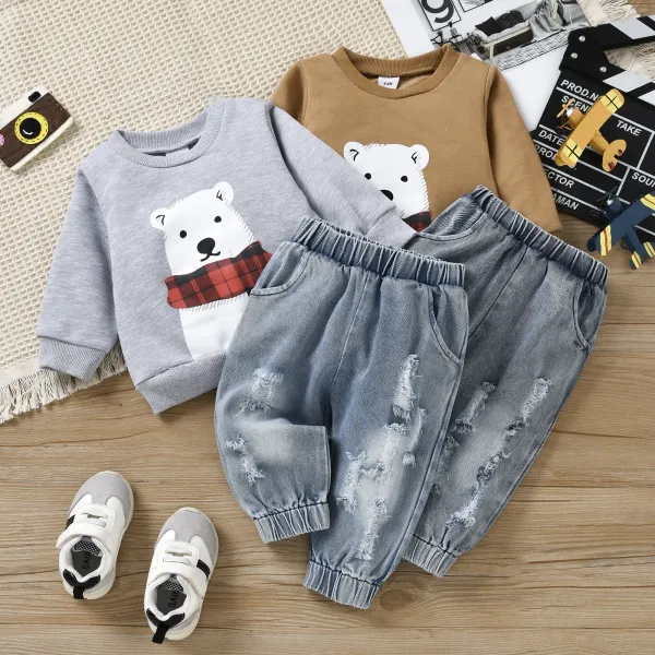 【3M-24M】Boys Cartoon Bear Print Long-sleeved Sweatshirt Jeans Two-piece Suit - Popopiearab.com 