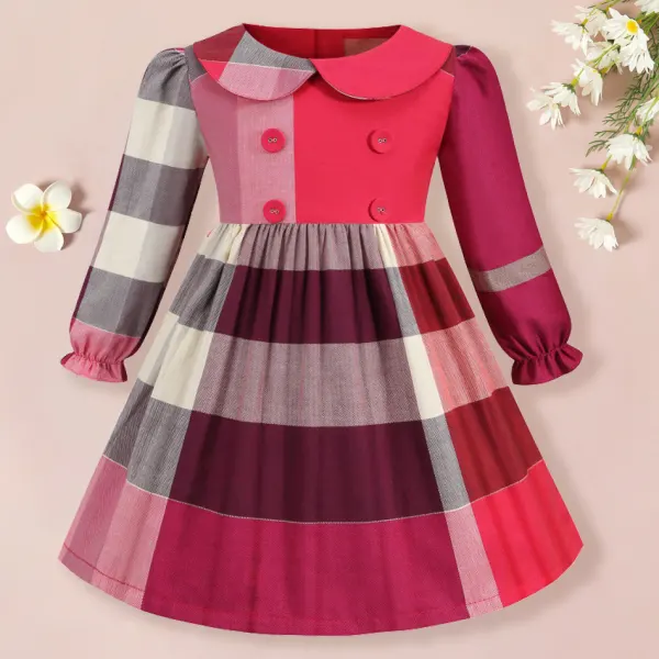 【18M-9Y】Girl Rose Red Plaid Long Sleeve Dress - Popopiearab.com 