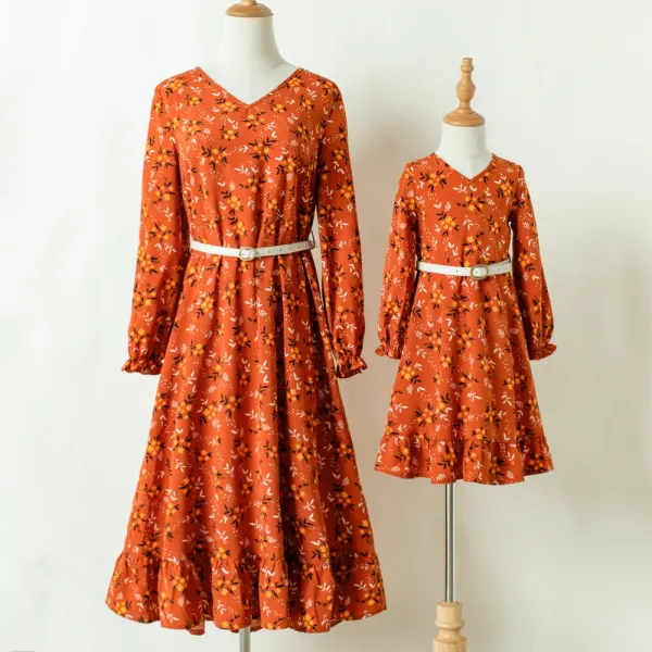 Sweet Brown Flower Print Dress Mom Girl Matching Dress With Belt - Popopiearab.com 
