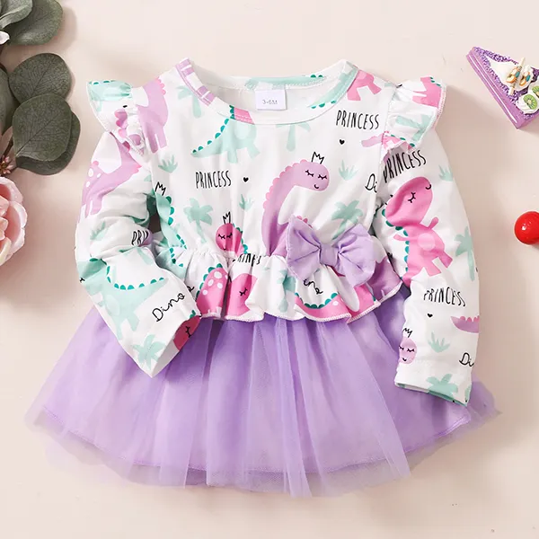 【3M-3Y】Baby Girl Sweet Dinosaur Print Long Sleeve Stitching Tulle Dress - Popopiearab.com 