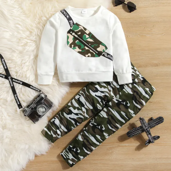 【4Y-13Y】 2-piece Boy Casual Bag Printed White Sweatshirt And Camouflage Pants Set - Popopiearab.com 