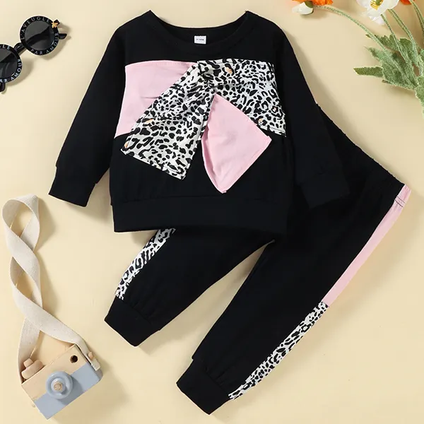 【3M-24M】Baby Girl 2-piece Leopard Bowknot Long Sleeve Sweatshirt And Pants Set - Popopiearab.com 