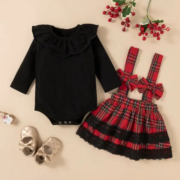【6M-3Y】Baby Girl 2-piece Solid Color Ruffled Romper And Plaid Suspender Skirt Set - Popopiearab.com 